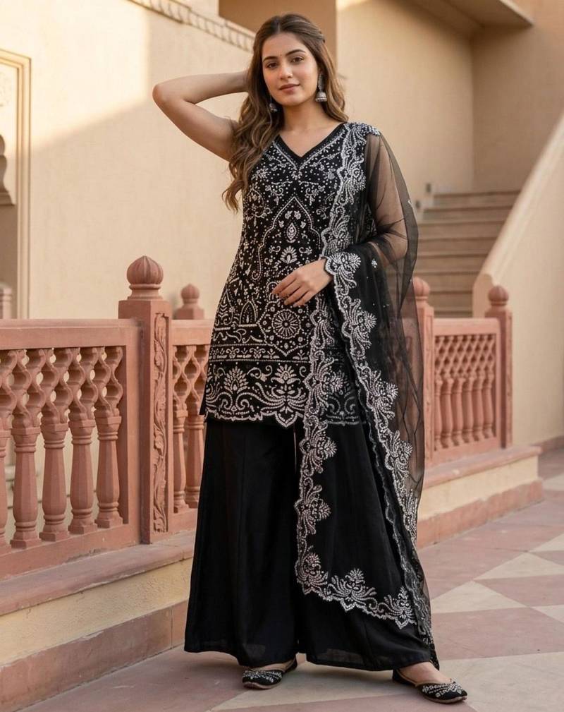 Black georgette embroidered palazzo set