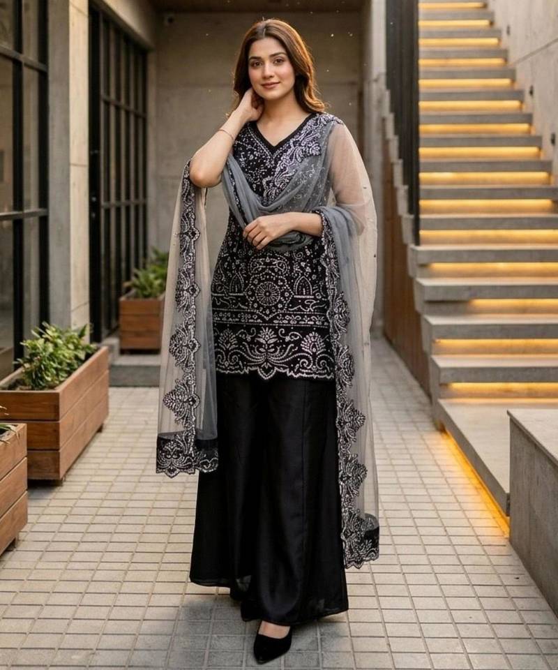 Black georgette embroidered palazzo set