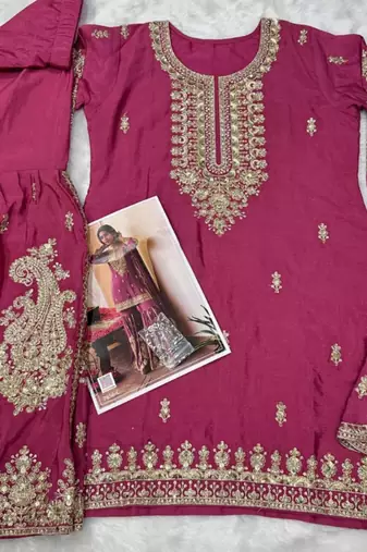 Purple chinon free size stitched suit with embroidery & sequence work