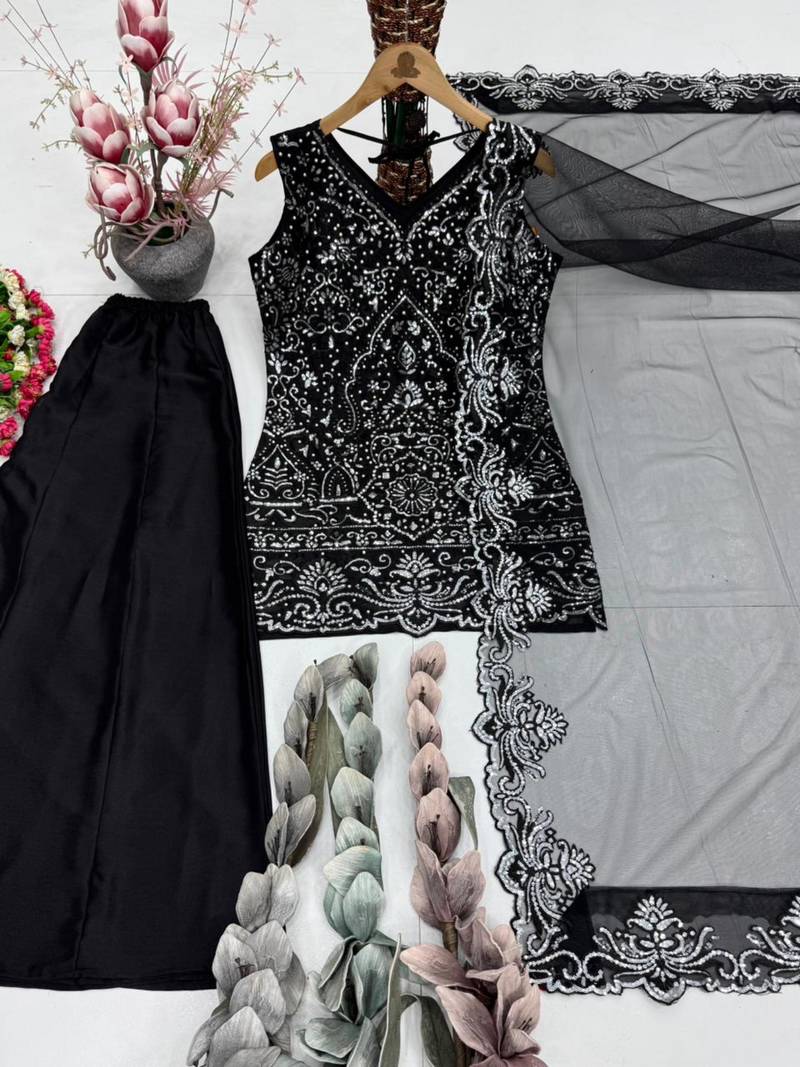 Black georgette embroidered palazzo set