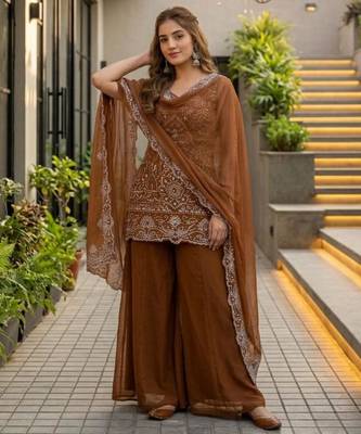Brown georgette embroidered palazzo set 1