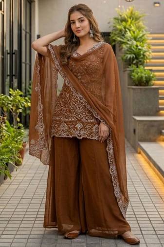 Brown georgette embroidered palazzo set