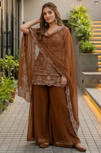Brown georgette embroidered palazzo set