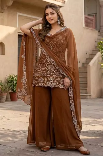Brown georgette embroidered palazzo set