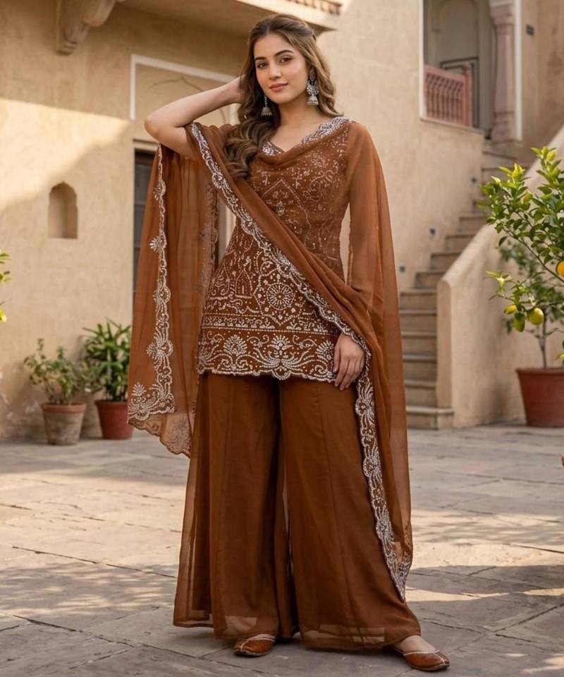 Brown georgette embroidered palazzo set