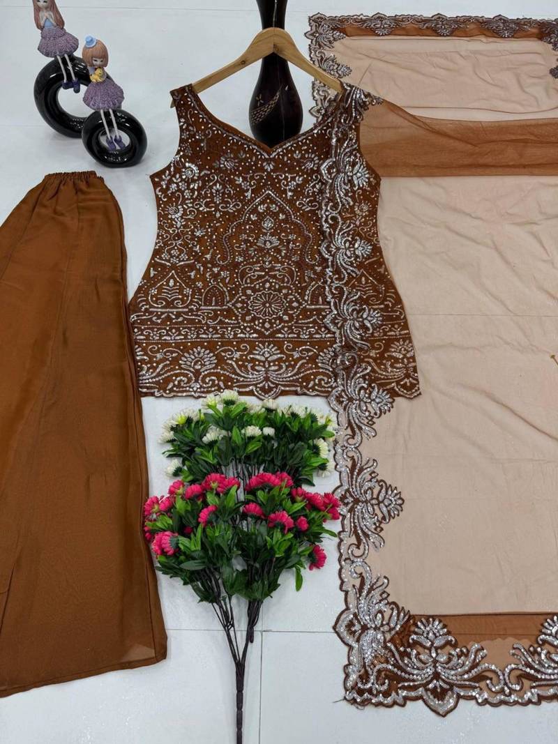 Brown georgette embroidered palazzo set
