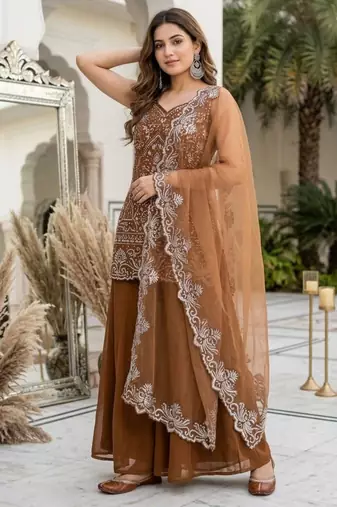 Brown georgette embroidered palazzo set