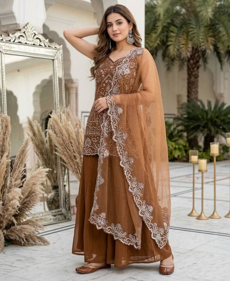 Brown georgette embroidered palazzo set