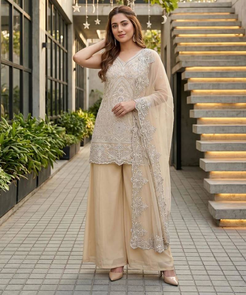 Beige georgette embroidered palazzo set