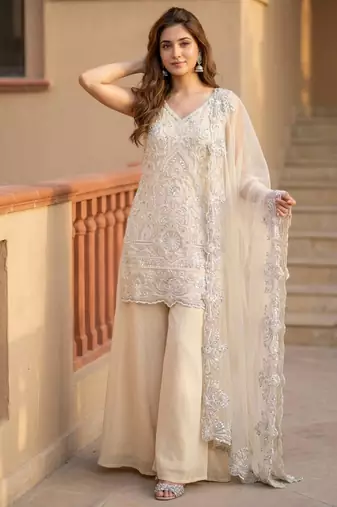 Beige georgette embroidered palazzo set
