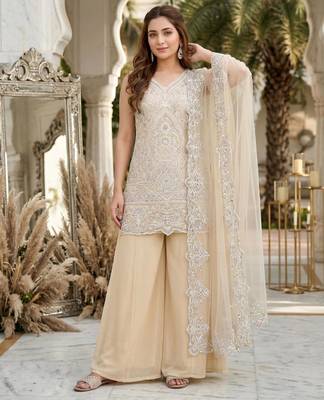 Beige georgette embroidered palazzo set 4