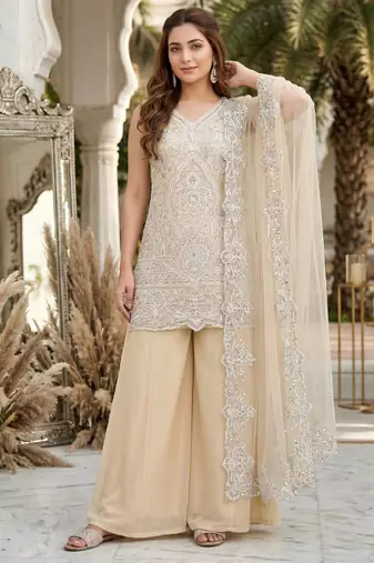 Beige georgette embroidered palazzo set