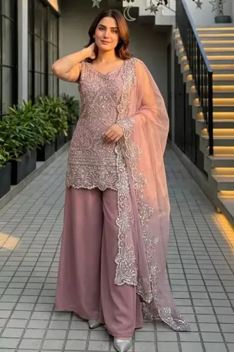 Pink georgette embroidered palazzo set
