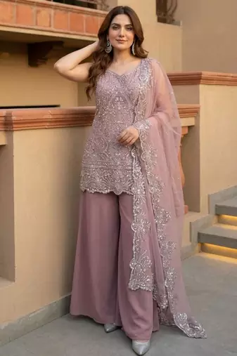 Pink georgette embroidered palazzo set