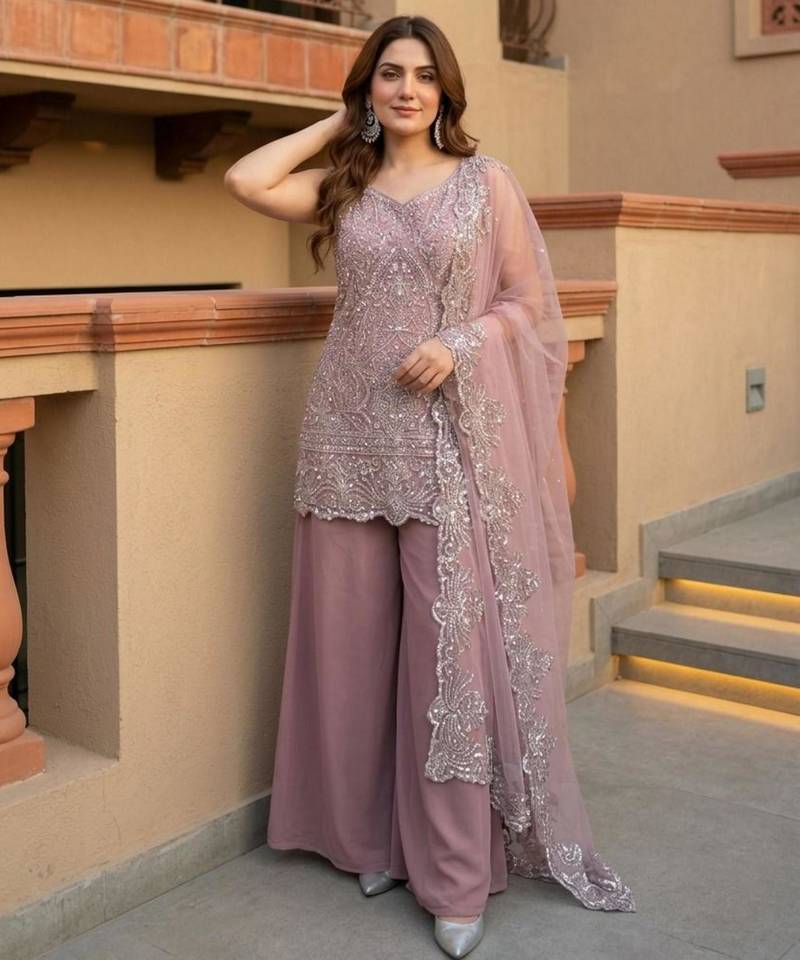 Pink georgette embroidered palazzo set
