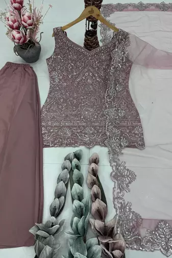 Pink georgette embroidered palazzo set