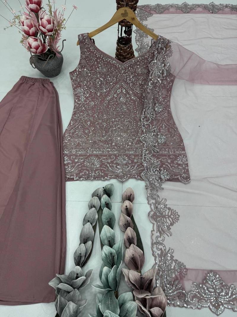Pink georgette embroidered palazzo set