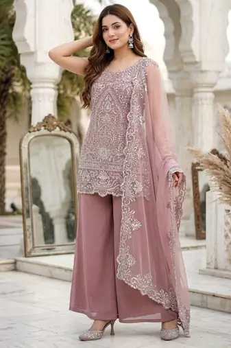 Pink georgette embroidered palazzo set