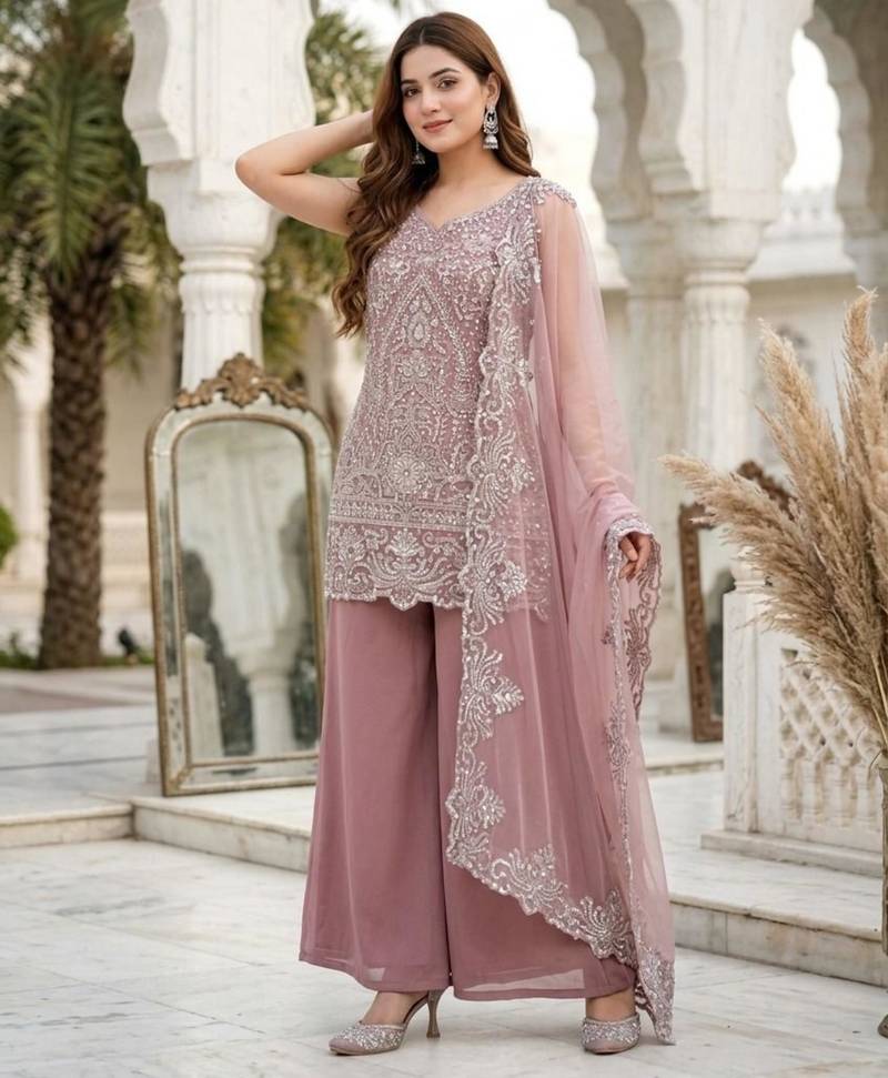 Pink georgette embroidered palazzo set