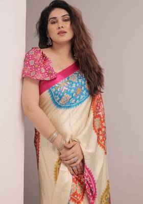 off white uhd digital printed satin silk saree 2
