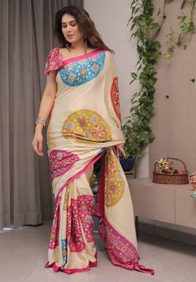off white uhd digital printed satin silk saree 1