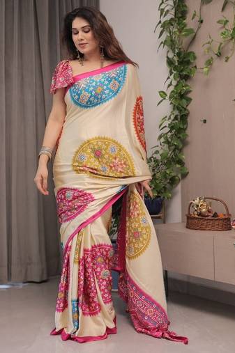 off white uhd digital printed satin silk saree
