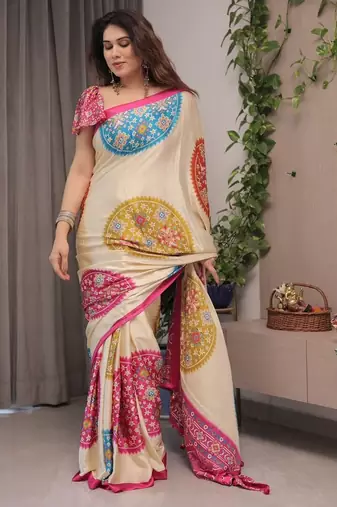 off white uhd digital printed satin silk saree