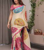 off white uhd digital printed satin silk saree