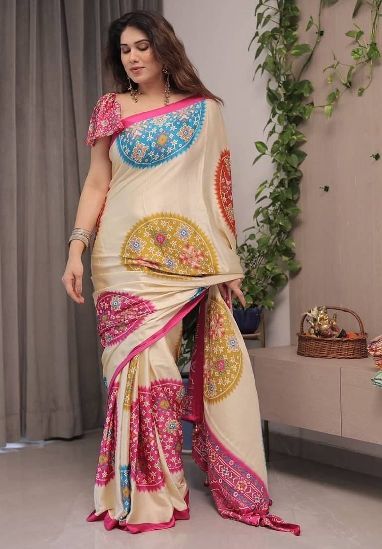 off white uhd digital printed satin silk saree
