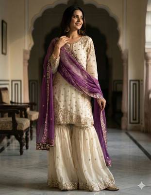 White silk blend embroidered sharara set 1