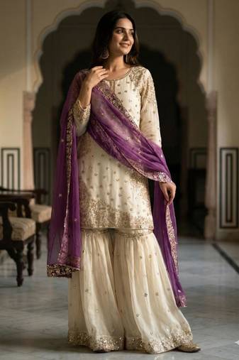 White silk blend embroidered sharara set