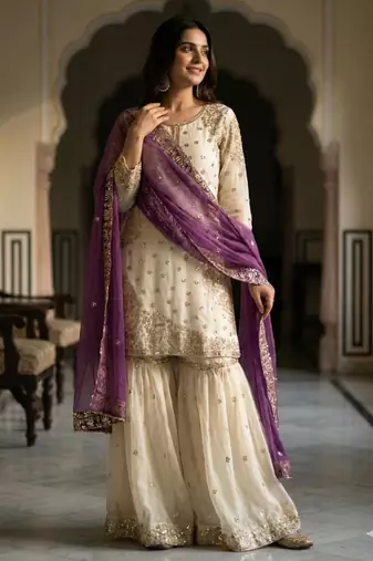 White silk blend embroidered sharara set