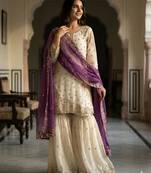 White silk blend embroidered sharara set