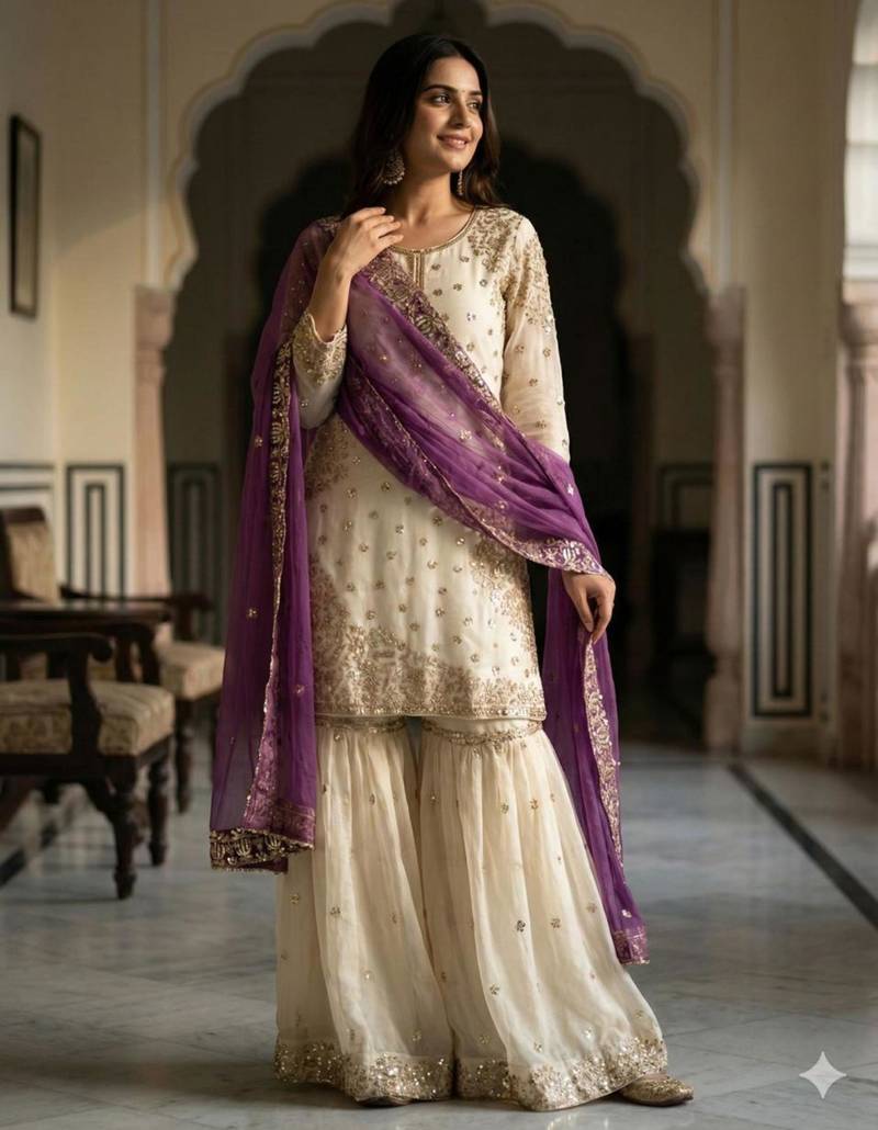 White silk blend embroidered sharara set