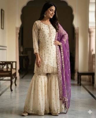 White silk blend embroidered sharara set 2