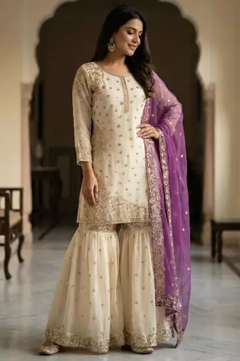White silk blend embroidered sharara set