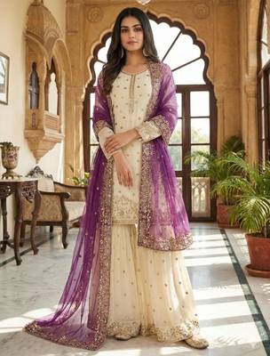 White silk blend embroidered sharara set 3