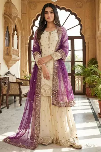 White silk blend embroidered sharara set