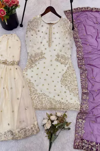 White silk blend embroidered sharara set