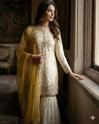 White silk blend embroidered sharara set 2