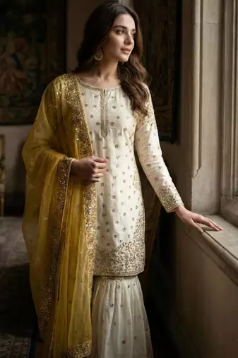 White silk blend embroidered sharara set