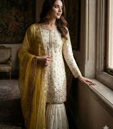 White silk blend embroidered sharara set