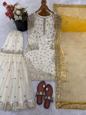 White silk blend embroidered sharara set 3