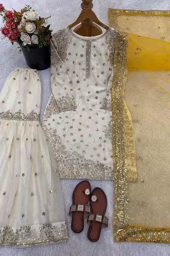 White silk blend embroidered sharara set