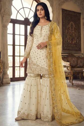 White silk blend embroidered sharara set