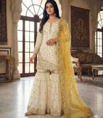 White silk blend embroidered sharara set