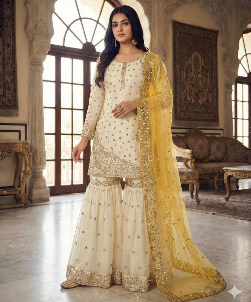 White silk blend embroidered sharara set