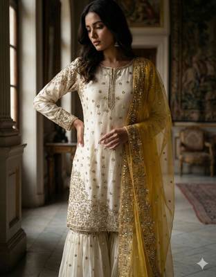 White silk blend embroidered sharara set 4