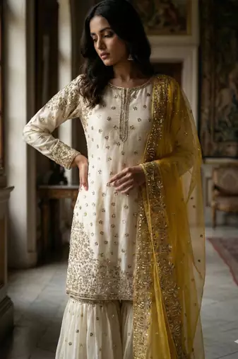 White silk blend embroidered sharara set