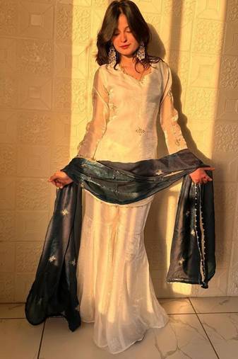 White silk blend embroidered sharara set